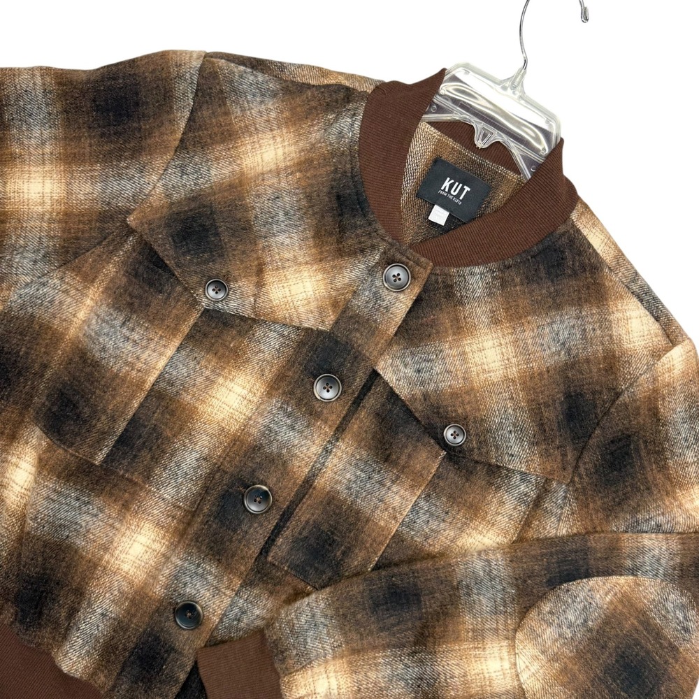 KUT from the Kloth Bomber Jacket Womens XL Brown Plaid Button Front Elbow Patch
